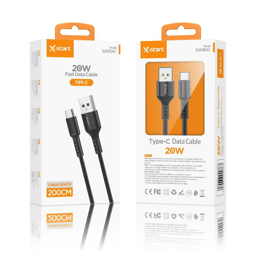 X-Start (SJX204C) - Cablu Date si Incarcare, USB-A la USB-C, 20W, 1m, Classic Texture, Black