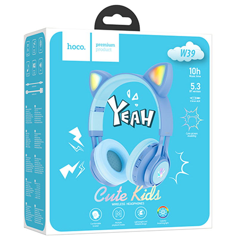 Hoco (W39) - Casti Wireless, KIDS, Over Ear, BT 5.3, Stand-By 120h, 400mAh, Cat Ears, Blue