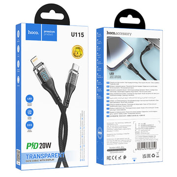 Cablu Date si Incarcare Hoco U115, USB-C la Lightning, PD20W, QC3.0, LED, 1.2m - Negru