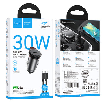 Incarcator Auto Hoco NZ16, PD30W + Cablu USB-C, 1m, Fast - Metallic | gri