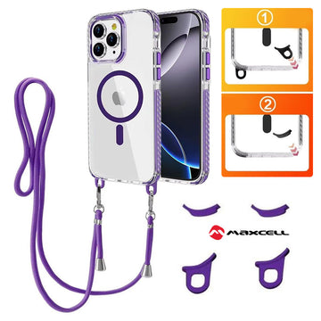 Husa MagFrame pentru iPhone 17, AntiDrop 2in1, Snur Detasabil - Transparent / Purple Frame