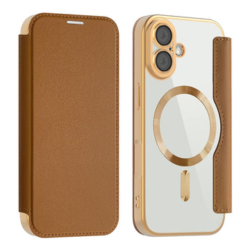 Husa MagFlip pentru iPhone 17, Magnet, RFID Protect, Piele, Chrome Edge - Auriu