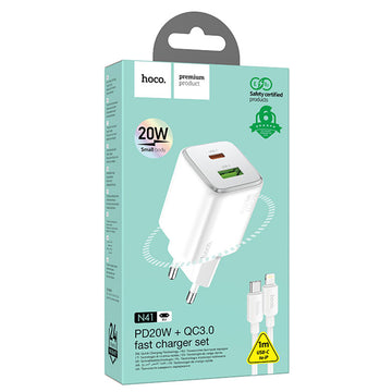 Incarcator Retea + Cablu Lightning Hoco N41, 20W, 1xUSB-C, 1xUSB-A, PD, QC 3.0 - Alb