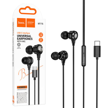 Casti cu Fir Hoco M116, InEar, USB-C, 1.2m Cablu - Negru