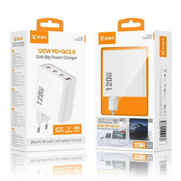 X-Start (CDQ074) - Incarcator Priza, GaN 120W, 3xUSB-C, 1xUSB-A, 20W, QC3.0, SuperFast, White