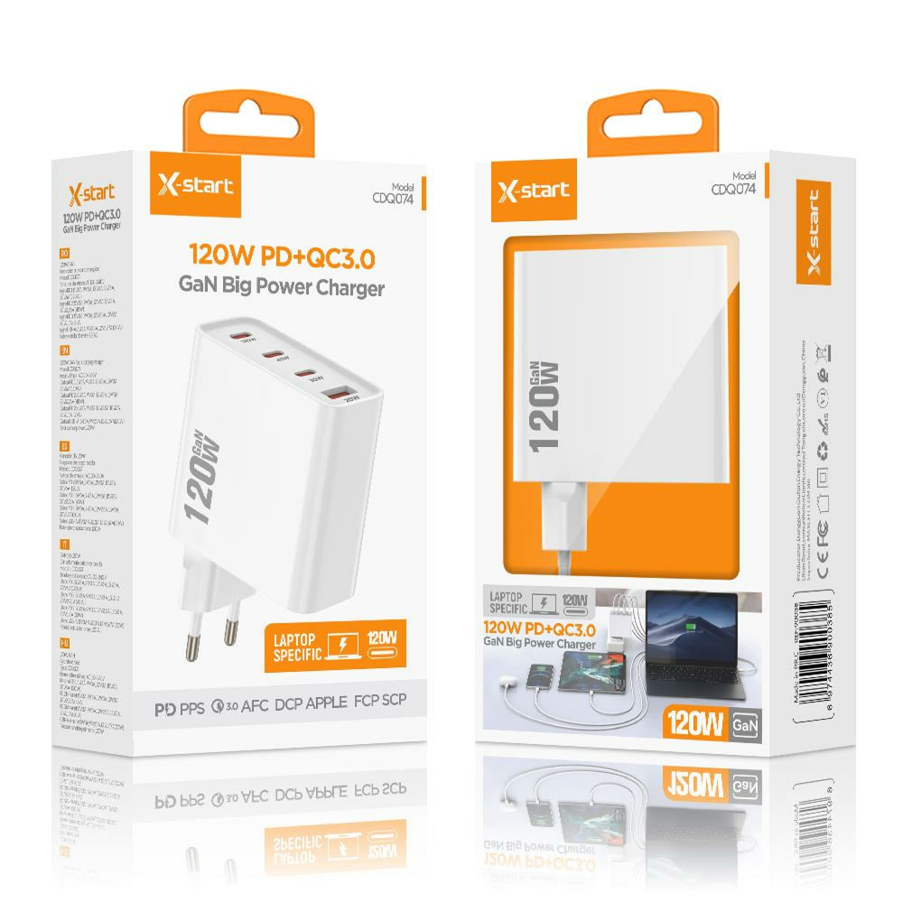 X-Start (CDQ074) - Incarcator Priza, GaN 120W, 3xUSB-C, 1xUSB-A, 20W, QC3.0, SuperFast, White