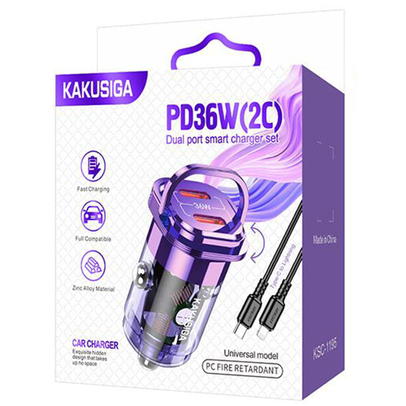 Kaku (KSC-1195) - Incarcator Auto + Cablu Lightning, 1m, 3.4A, 2xUSB-C, RingPull, Purple
