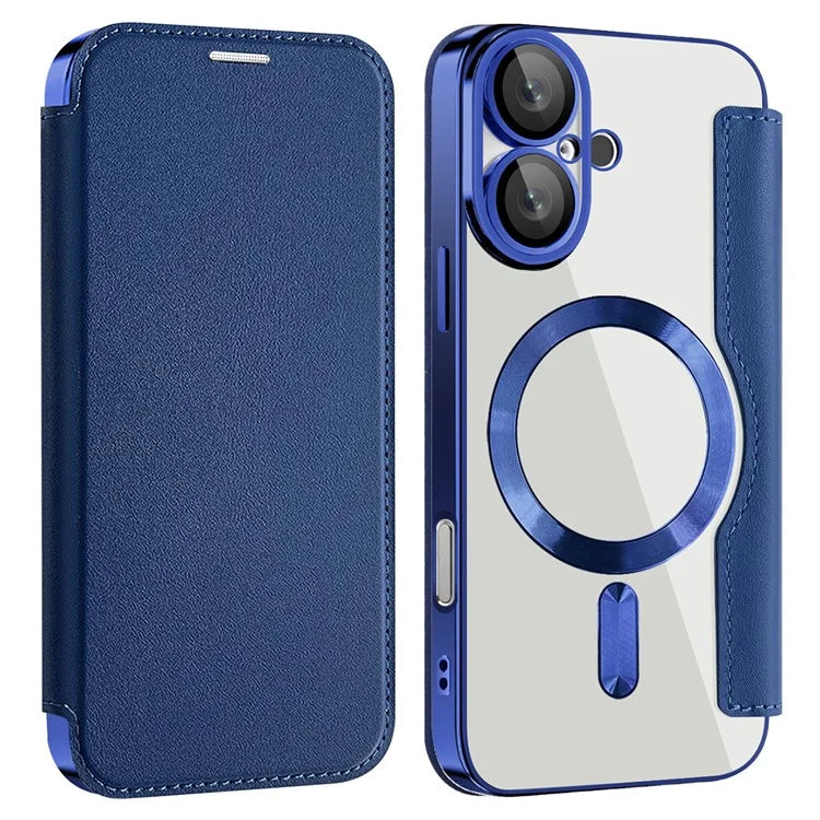 Husa MagFlip - iPhone 16, Magnet, RFID protect, Leather, Chrome Edge, Navy Blue