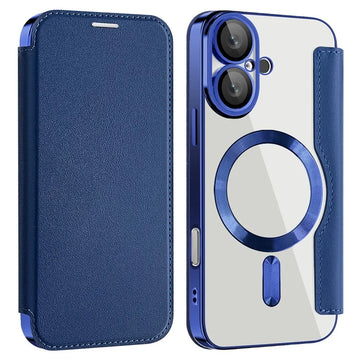 Husa MagFlip pentru iPhone 16, Magnet, RFID Protect, Piele, Chrome Edge - Bleumarin