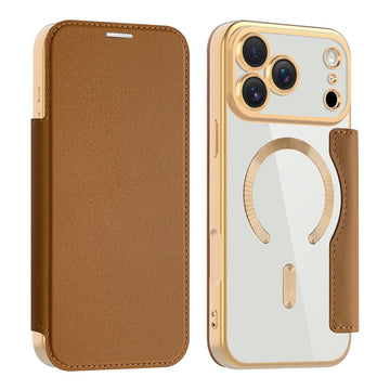 Husa MagFlip pentru iPhone 17 Pro Max, Magnet, RFID Protect, Piele, Chrome Edge - Auriu