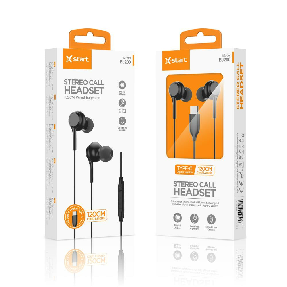 X-Start (EJ200) - Casti cu Fir, In Ear, USB-C, 1.2m, Mic & Volume Key, Classic Series, Balck