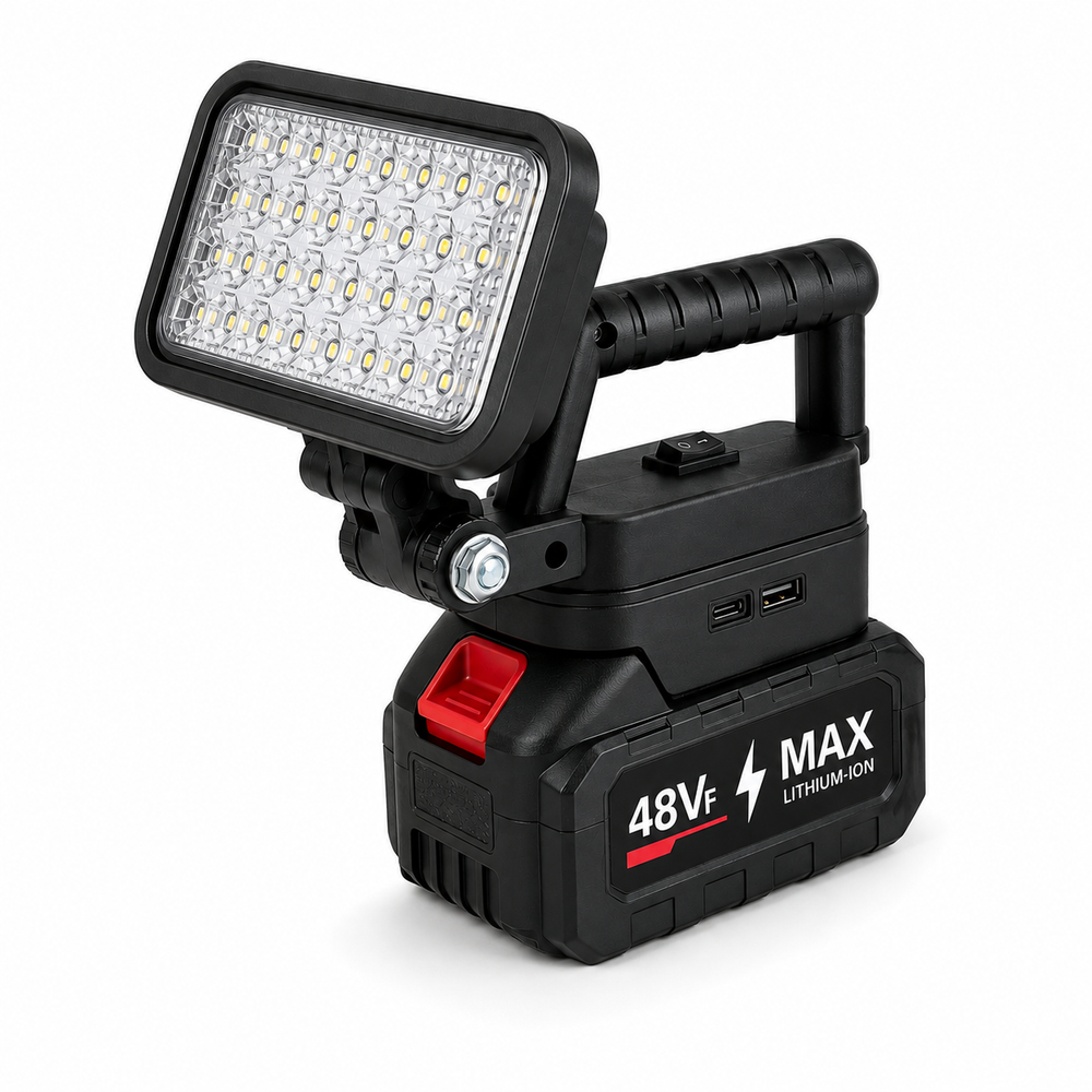 Proiector LED portabil reîncărcabil Pexor P043, 48V, 2 acumulatori Li-Ion, 2 încărcătoare USB, 2 poziții de iluminare, mâner ergonomic