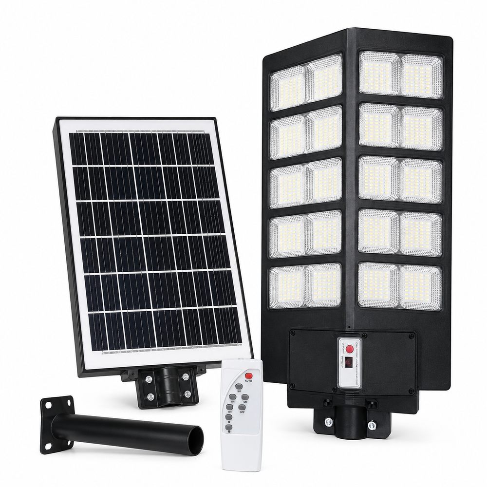 Lampă stradală solară LED 1000W cu telecomandă, senzor de mișcare, panou solar, protecție IP67, negru