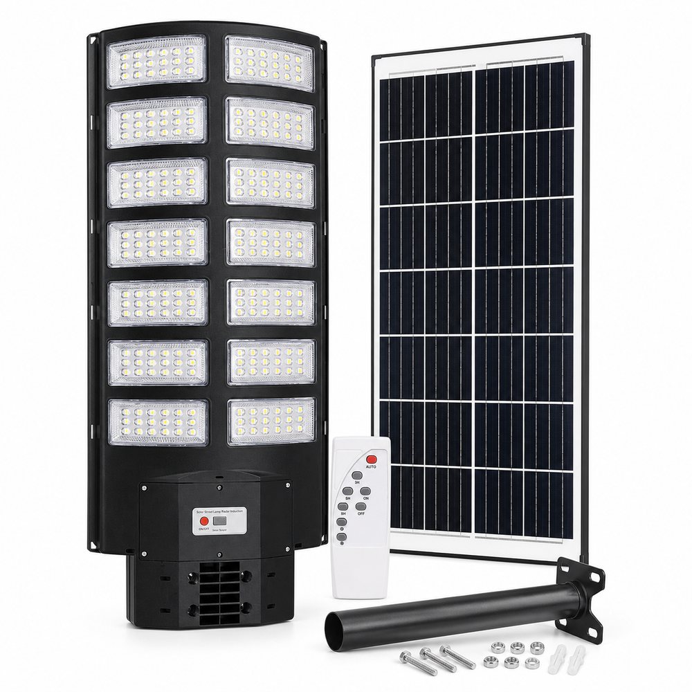 Lampă stradală solară LED 700W cu telecomandă, senzor de mișcare, autonomie 7-9 ore, panou solar policristalin, IP67, negru