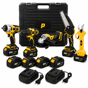 Set 5 scule electrice fără fir Pexor P042 – Mașină de găurit și înșurubat, Pistol de impact, Polizor unghiular (Flex), Mini drujbă, Foarfecă electrică, 5 acumulatori Li-Ion 88V 6.0Ah, 2 încărcătoare, Valiză transport
