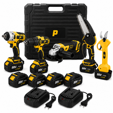 Set 5 scule electrice fără fir Pexor P042 – Mașină de găurit și înșurubat, Pistol de impact, Polizor unghiular (Flex), Mini drujbă, Foarfecă electrică, 5 acumulatori Li-Ion 88V 6.0Ah, 2 încărcătoare, Valiză transport