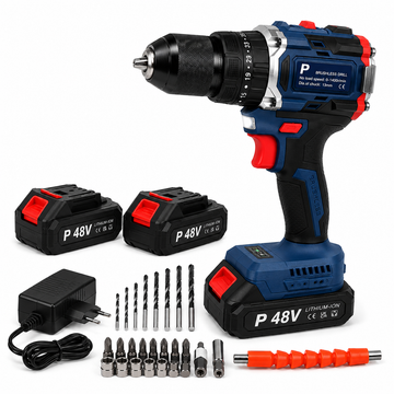 Mașină de găurit și înșurubat cu percuție Pexor P040, Brushless, 48V, mandrină metalică 13 mm, 2 acumulatori Li-Ion, 35 trepte cuplu, 2 viteze, valiză transport, Albastru/Negru