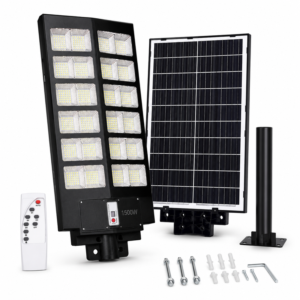 Lampă stradală solară LED 1500W cu telecomandă, senzor de mișcare, panou solar, protecție IP67, negru