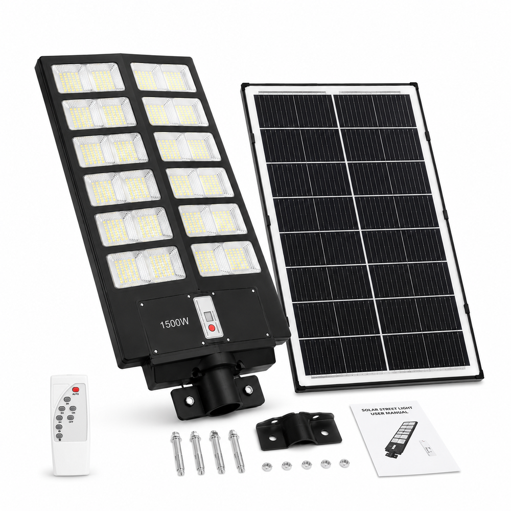Lampă stradală solară LED Pexor P045, 1500W, cu panou solar integrat, senzor de mișcare și senzor crepuscular, IP65, pentru exterior