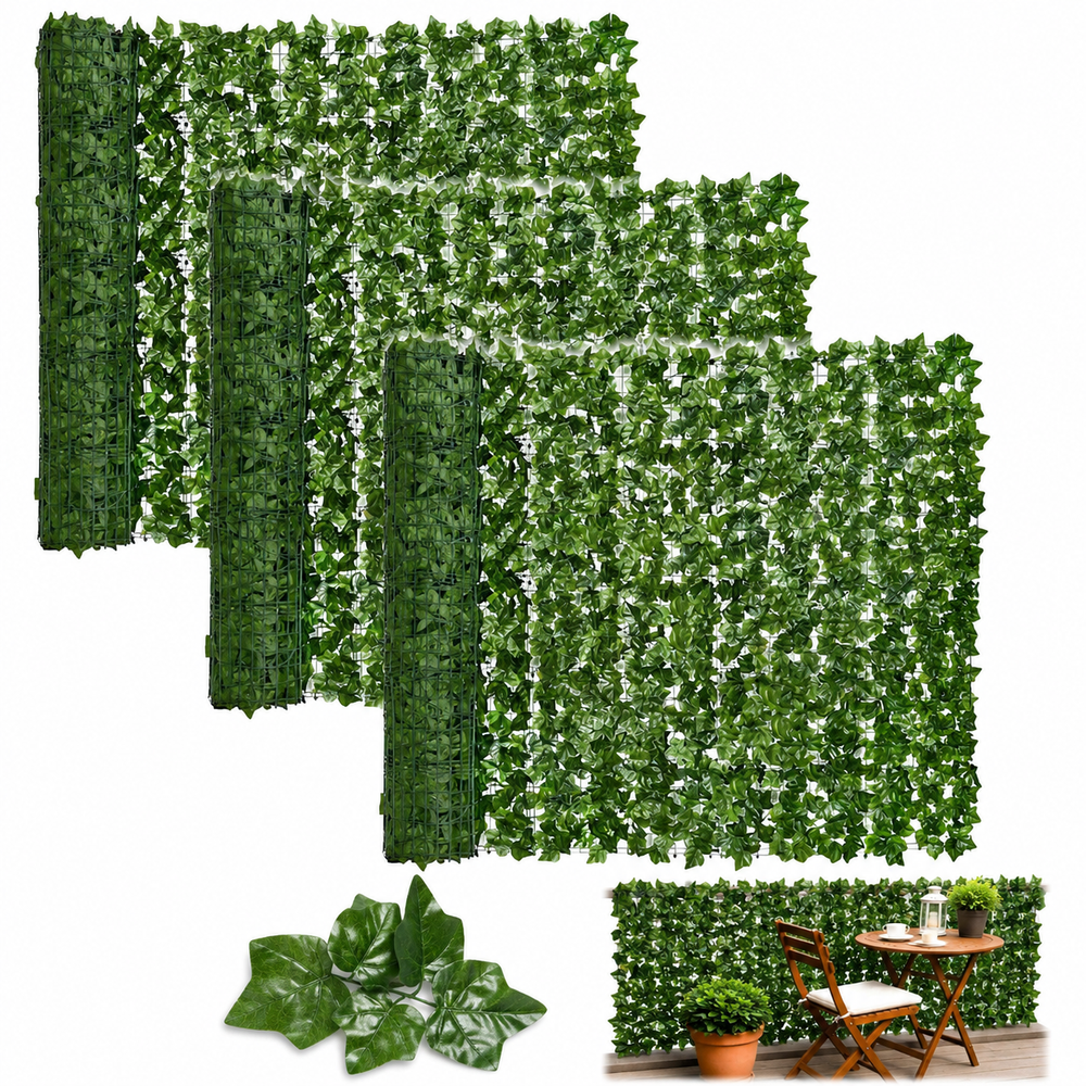 Set 3 x Gard viu artificial Pexor P046, 300 x 100 cm fiecare, dimensiune totală 900 x 100 cm, 2000 frunze dese/rulou, protecție intimitate, rezistent UV, verde natural