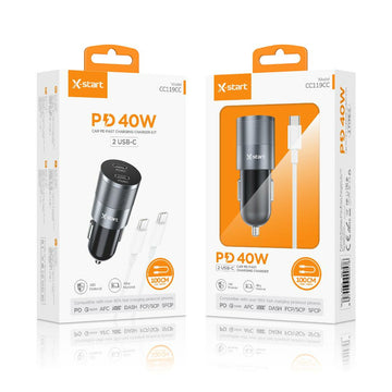 Incarcator Auto + Cablu USB-C X-Start CC119CC, PD40W, 2xUSB-C, 5V, 3A, SuperFast, 1m - Gray+Black