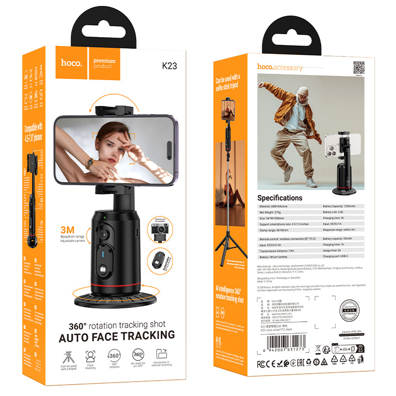 Hoco (K23) - Suport tiPhone Selfie, Face Auto-Tracking, 1200mAh, telecomanda de control, Lotus, Black