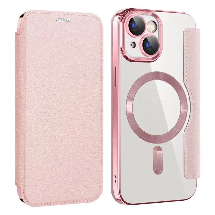 Husa MagFlip - iPhone 15, Magnet, RFID protect, Leather, Chrome Edge, Pink