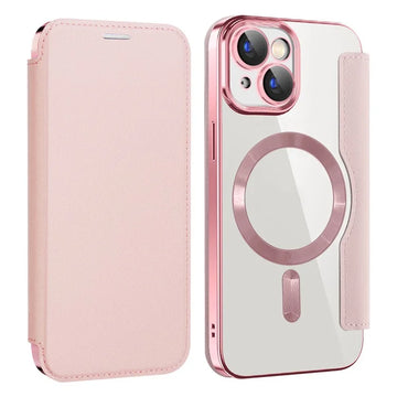 Husa MagFlip pentru iPhone 15, Magnet, RFID Protect, Piele, Chrome Edge - Roz