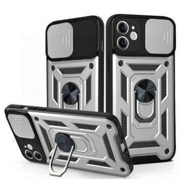 Husa Armor pentru iPhone 15 Pro Max, CamSlide, Ring Stand - Argintiu