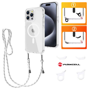 Husa MagFrame pentru iPhone 14, 13, AntiDrop 2in1, Snur Detasabil - Transparent / Rama alba