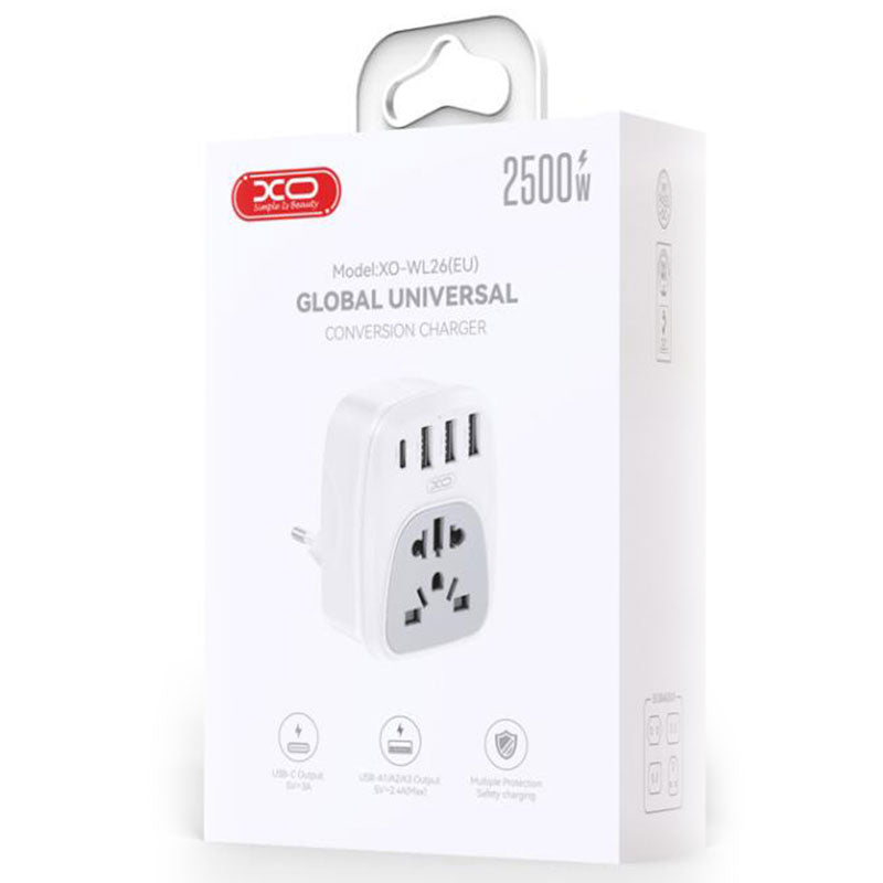 XO (WL26) - Adaptor Socket, 1xUSB-C, 3xUSB, MultiPhoneort, EU, extra standard, White