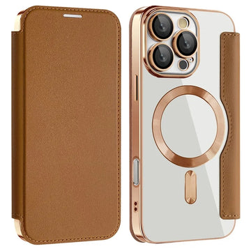 Husa MagFlip pentru iPhone 16 Pro Max, Magnet, RFID Protect, Piele, Chrome Edge - Auriu
