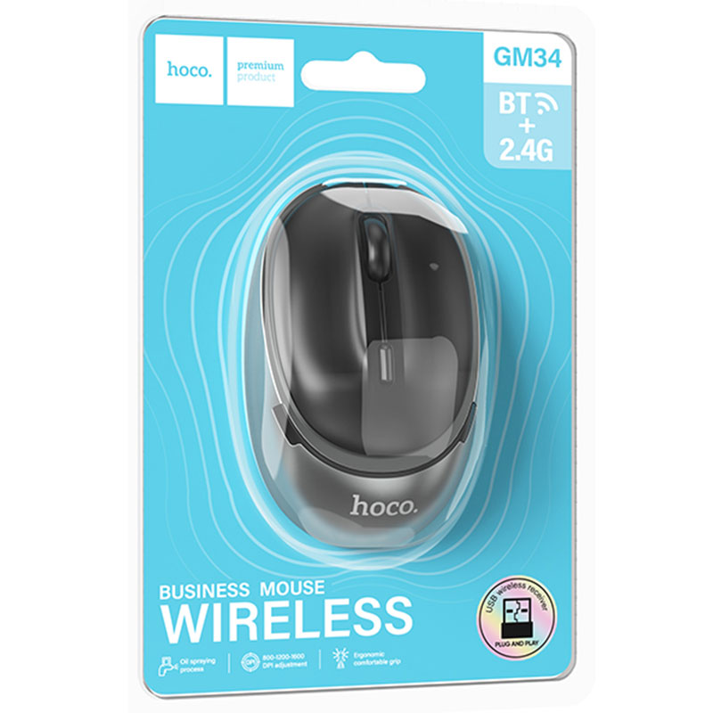 Hoco (GM34) - Mouse Dual, BT 5.0/ Wireless 2.4G, 1.600 DPI, 4D Button, Nuevo, Black/Grey