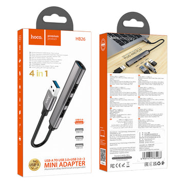 Adaptor OTG Transfer Hoco HB26, USB-A la USB-A 3.0, 3 X USB-A 2.0 - Gri