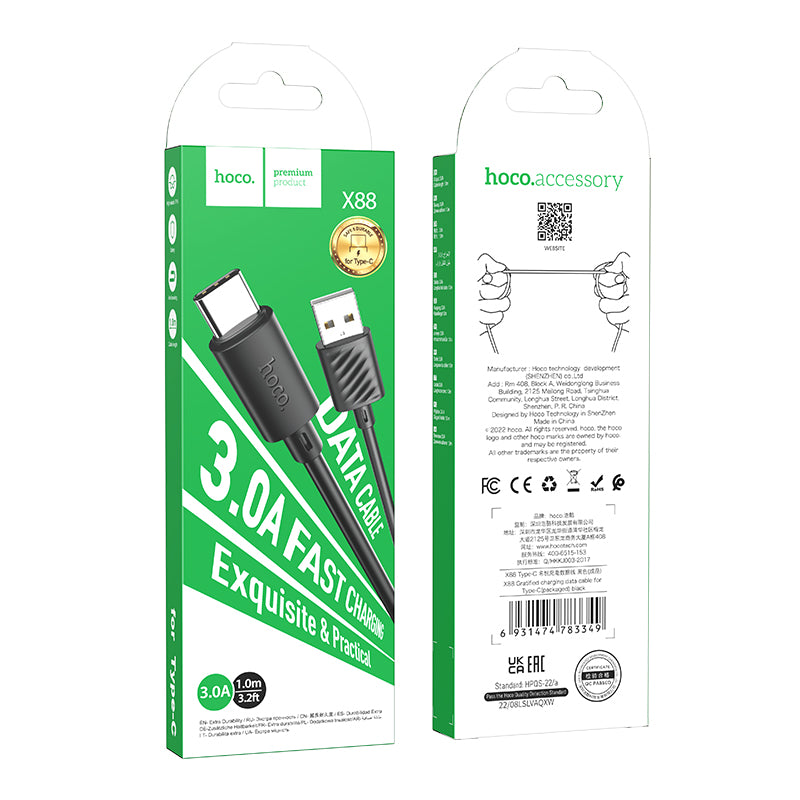 Hoco(X88) - Cablu Date si Incarcare, USB-A la USB-C, 18W, 2.4A, 1m, Black
