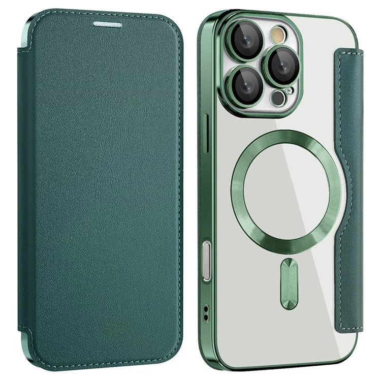 Husa MagFlip - iPhone 16 Pro, Magnet, RFID protect, Leather, Chrome Edge, Green