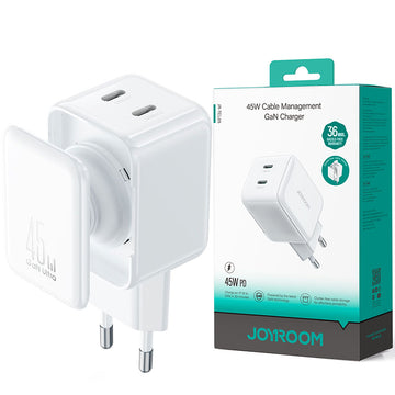 Incarcator Retea Joyroom JR-TCL05, GaN 45W, 2xUSB-C + Cablu USB-C, 1m, Cable Deposit - Alb