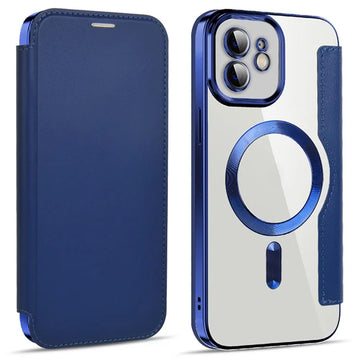 Husa MagFlip pentru iPhone 12, Magnet, RFID Protect, Piele, Chrome Edge - Bleumarin