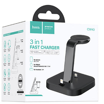 Incarcator Wireless Hoco CW43, 2 X Lightning Output, 5W, 5V, 2.4A, Qi Charging, 3 in 1 - Negru