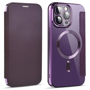 Husa MagFlip pentru iPhone 15 Pro, Magnet, RFID Protect, Piele, Chrome Edge - Mov