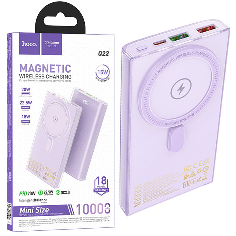 Hoco (Q22) - Baterie externa, Wireless, 1xUSB-C PD, 2xUSB-A, QC 3.0, Display LED, 10000mAh, Purple