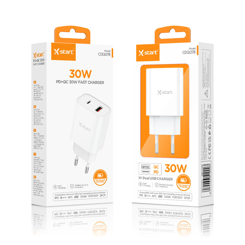 X-Start (CDQ078) - Incarcatoare Priza, 1xUSB-A, 1xUSB-C, 30W, FastCharger, White