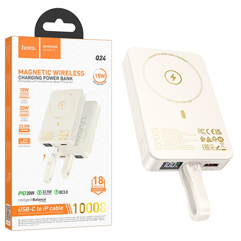 Baterie externa Hoco Q24, Wireless si Cablu, 22.5W+PD250W, Magnetica, 10000mAh - Alb laptos