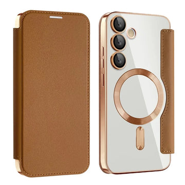 Husa MagFlip pentru Samsung S24 FE, Magnet, RFID Protect, Piele, Chrome Edge - Auriu