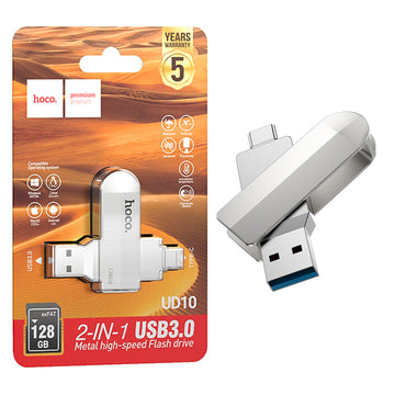 Stick Hoco UD10, Memory Stick, 128GB, Dual USB-C + USB-A 3.0, High Speed, Flash Drive - Argintiu