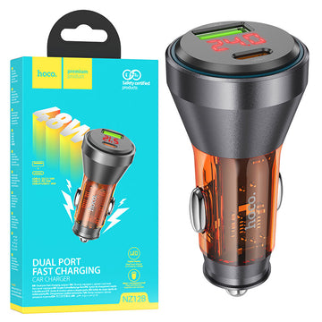 Incarcator Auto Hoco NZ12B, 30W, 1xUSB-C, 1xUSB-A, PD, QC 3.0, Power LED, Clear - Portocaliu