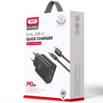 Incarcator Retea + Cablu USB-C XO L105, 35W, 2xUSB-C, PD - Negru