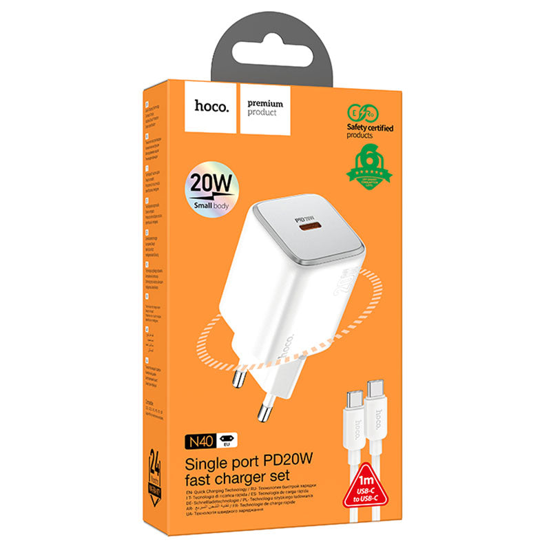 Hoco (N40) - Incarcator Retea + Cablu USB-C, 20W, 1xUSB-C, PD, White