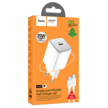 Incarcator Retea + Cablu USB-C Hoco N40, 20W, 1xUSB-C, PD - Alb