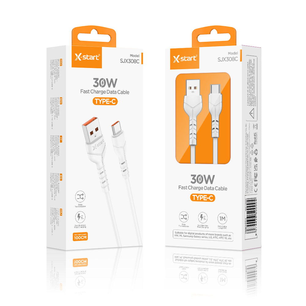 X-Start ( SJX308C) - Cablu Date si Incarcare, USB-A la USB-C, 3A, 30W, 1m, White
